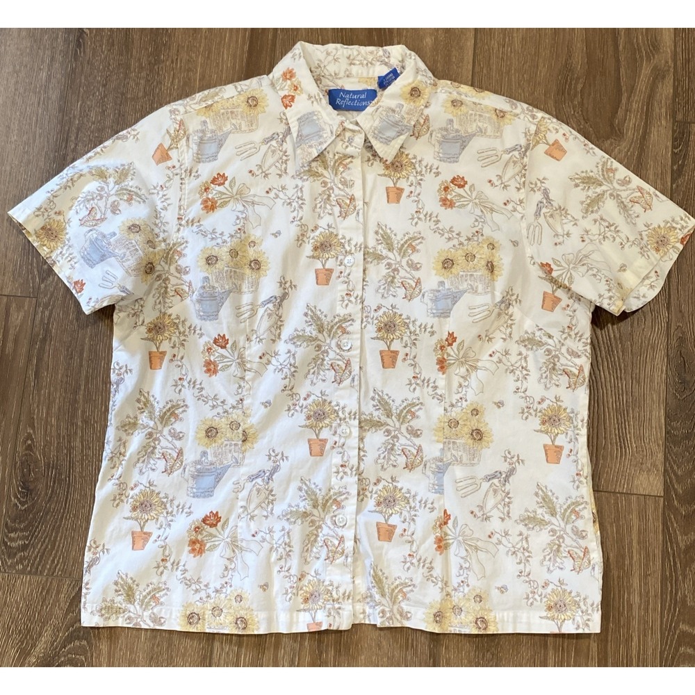 Natural Reflections Short Sleeve Button-up Shirt Sunflower Garden Size XL